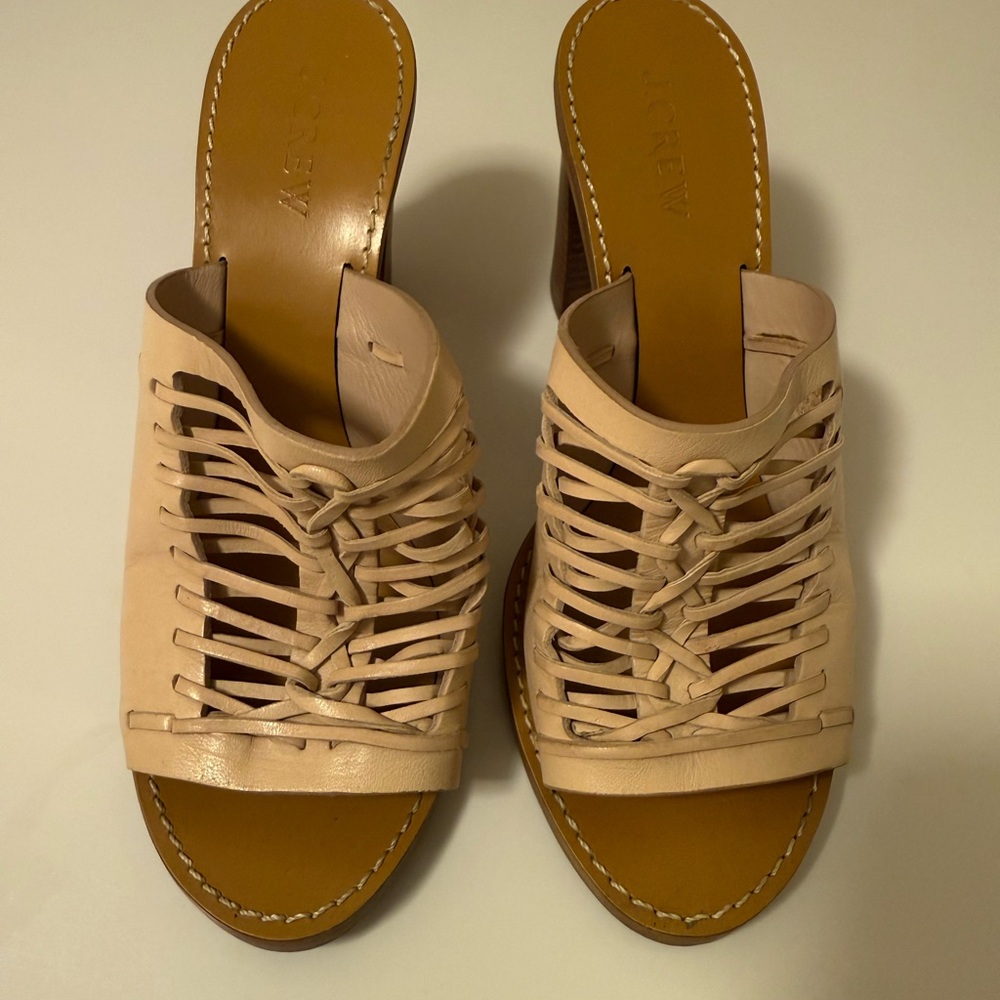 J. Crew Tan Leather Mules with Woven Design